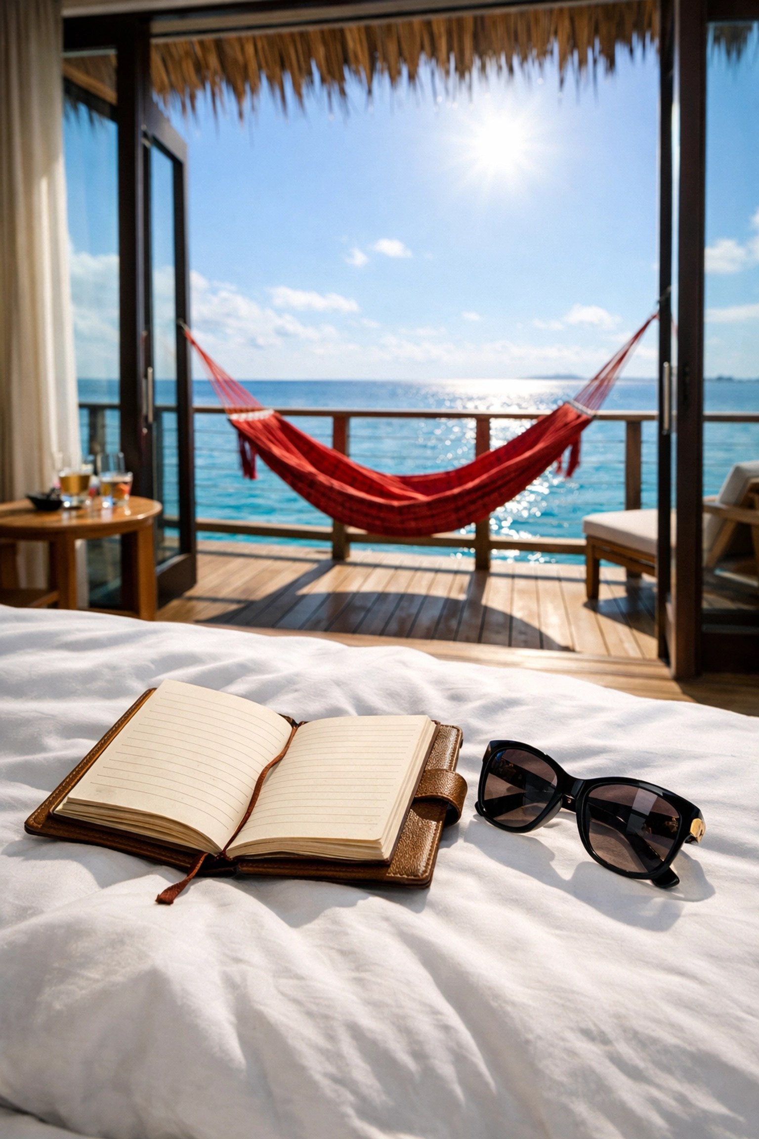 Luxury bungalow bedroom with a red hammock on the balcony overlooking the tropical ocean for a romantic getaway.