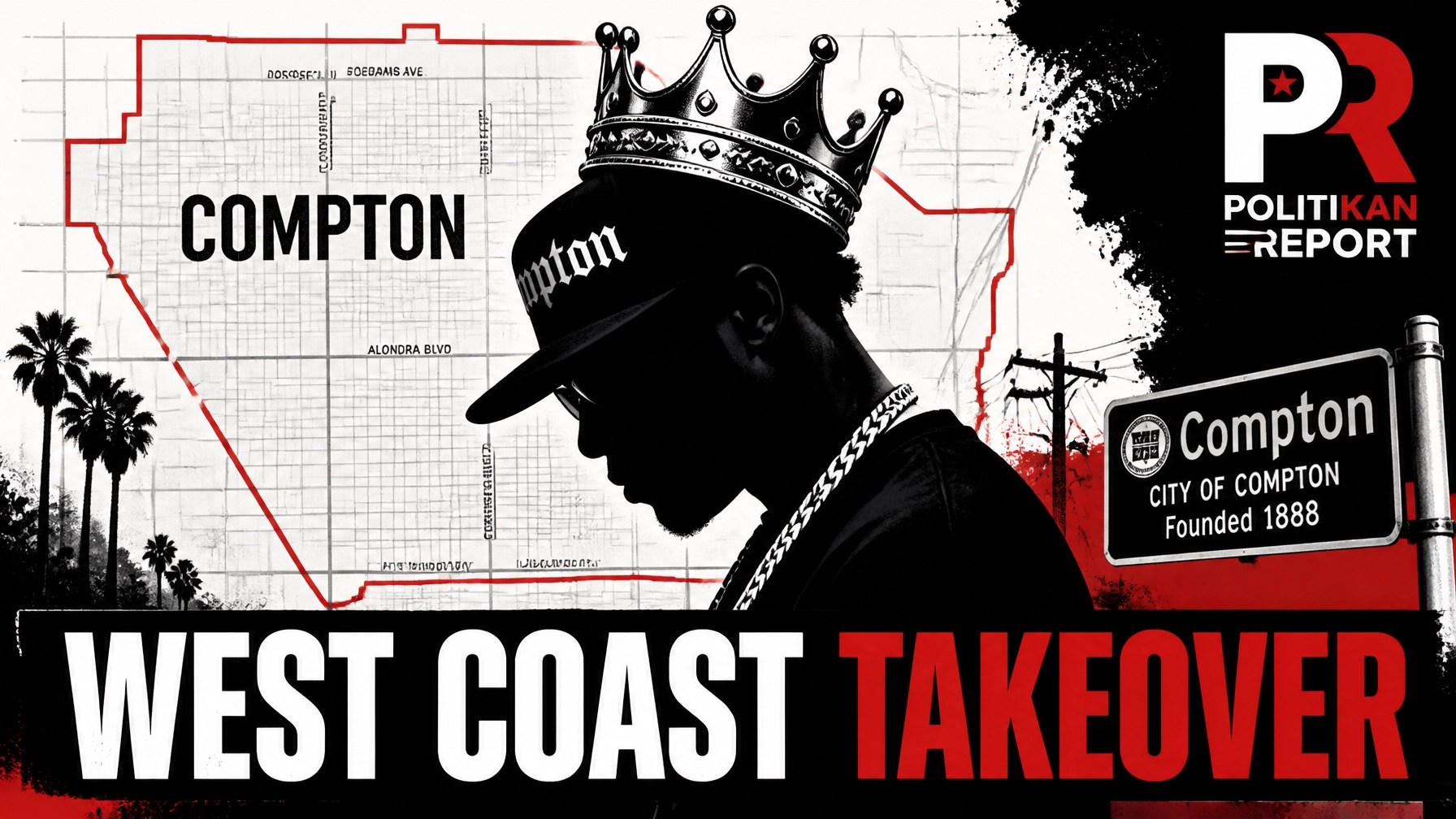 A bold black, white, and red graphic featuring the text WEST COAST TAKEOVER, symbolizing the Kendrick Lamar era and the shift in hip hop culture.