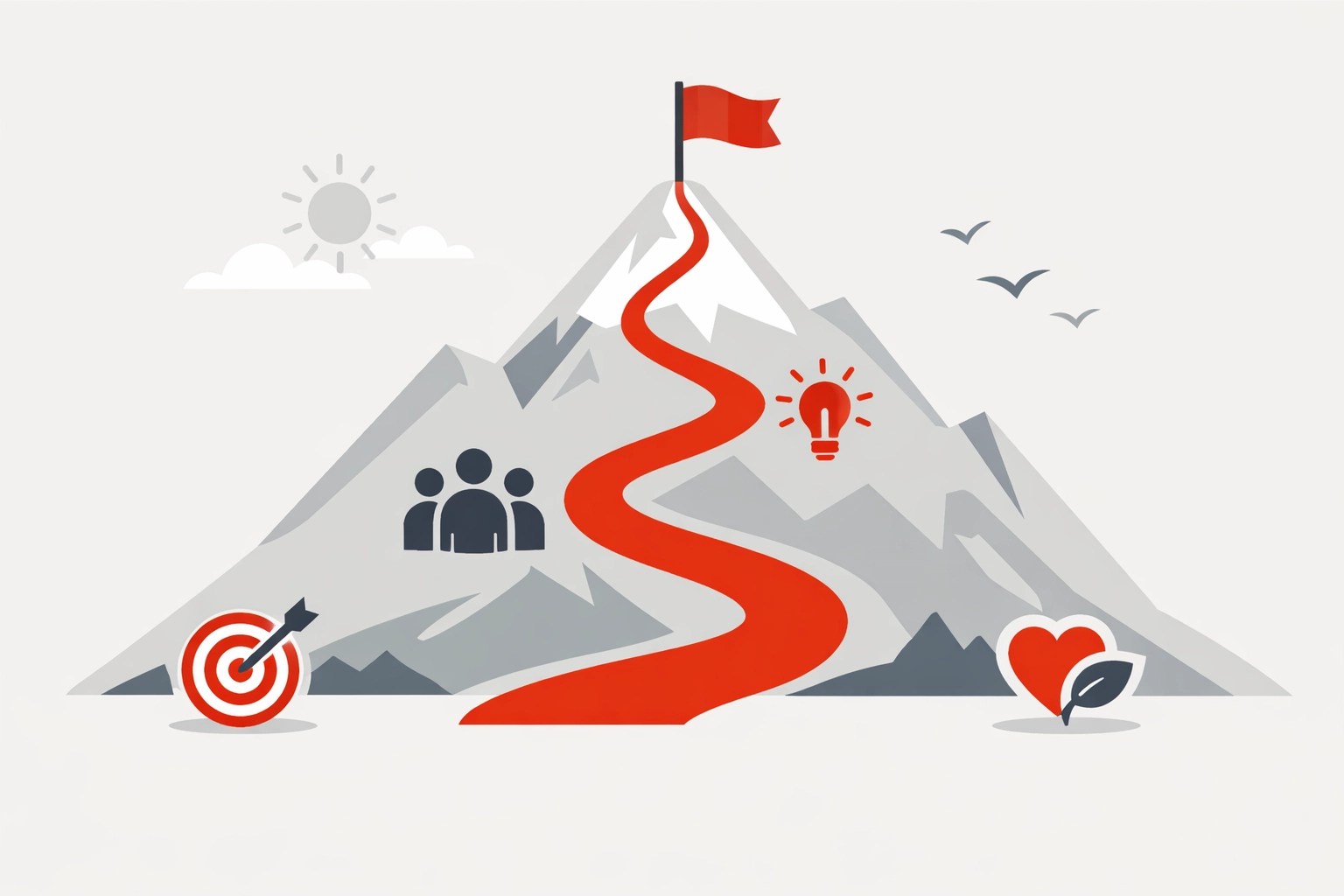 Illustration of a mountain path with team engagement icons, showing the strategic value of project management consulting.