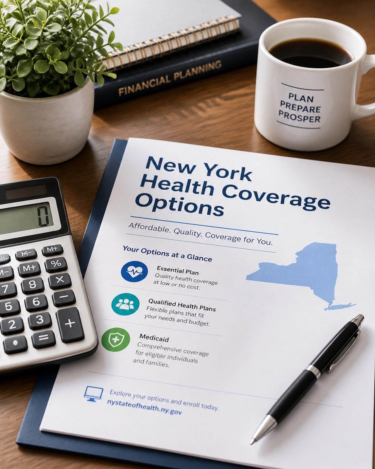 A professional desk with a calculator and New York health coverage documents, symbolizing financial planning.