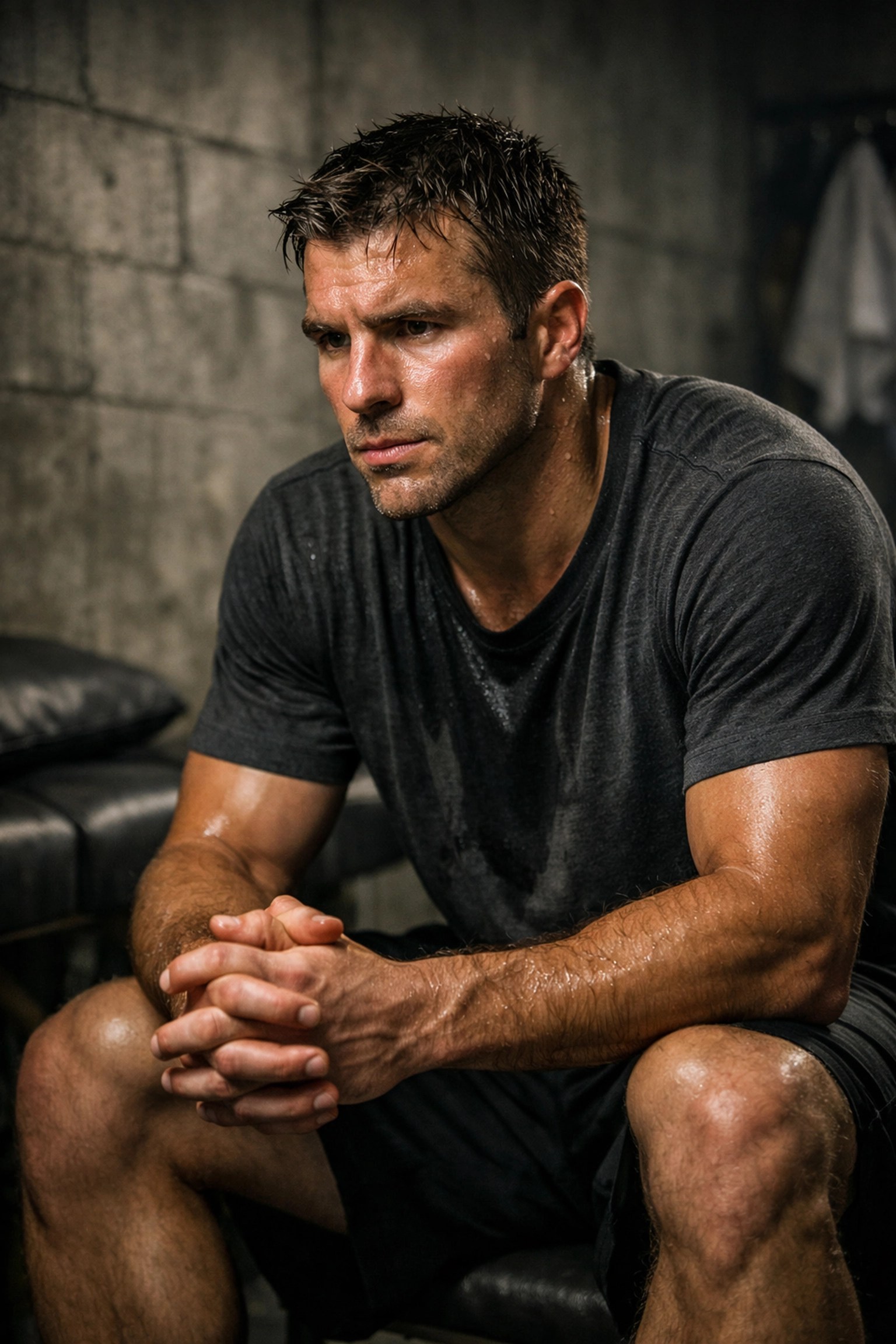 Athlete Tibs Parise focusing on deep tissue pain recovery after an intense high-performance training session.