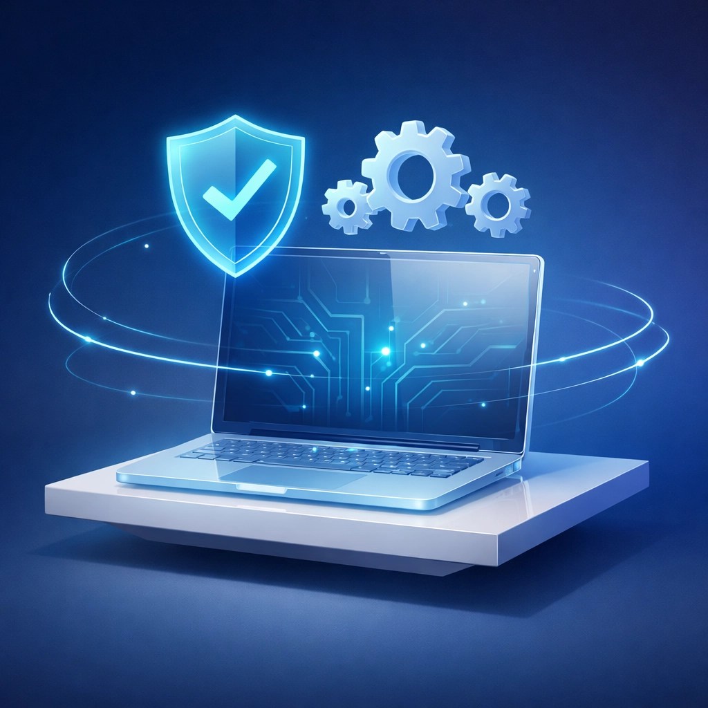 Secure laptop with a digital shield and gears representing remote PC troubleshooting and cybersecurity for businesses.