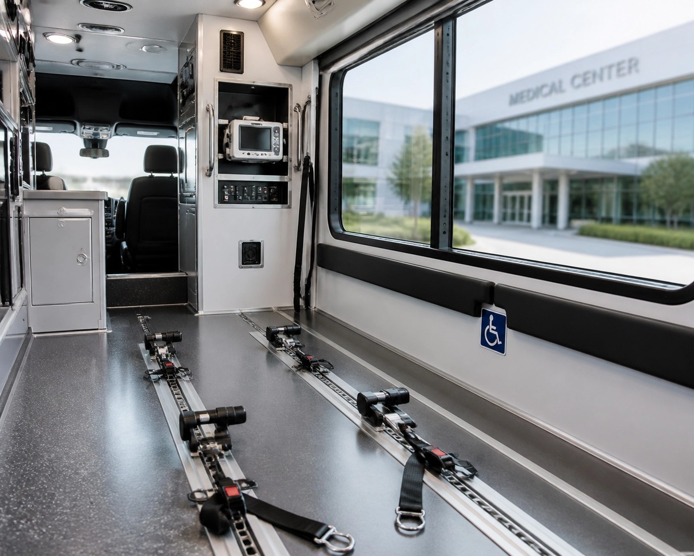 Secure interior of a professional NEMT vehicle with wheelchair safety tie-downs.