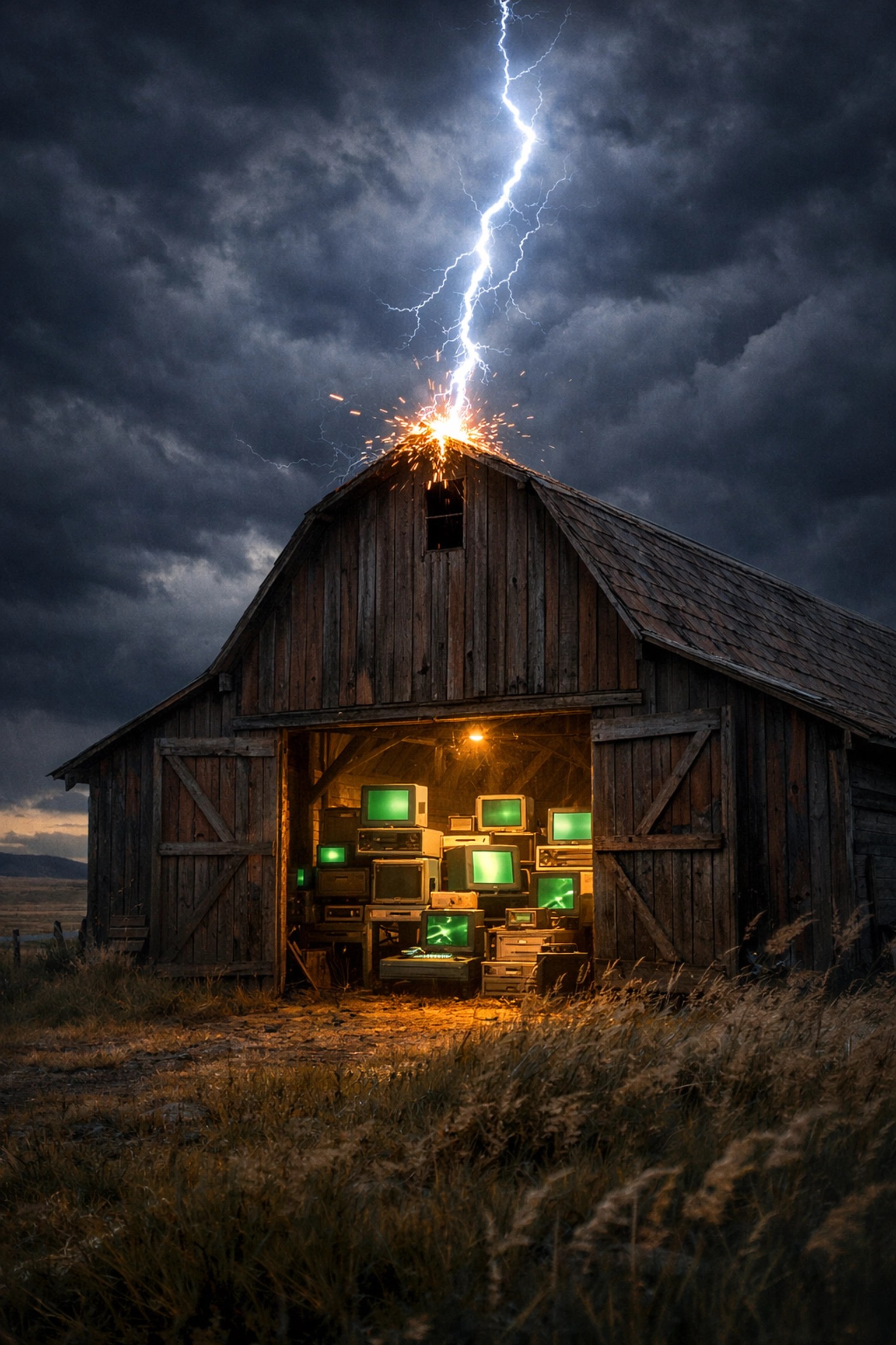 Lightning strikes an Alberta barn filled with vintage computers, highlighting our deep roots in phone repair near me.