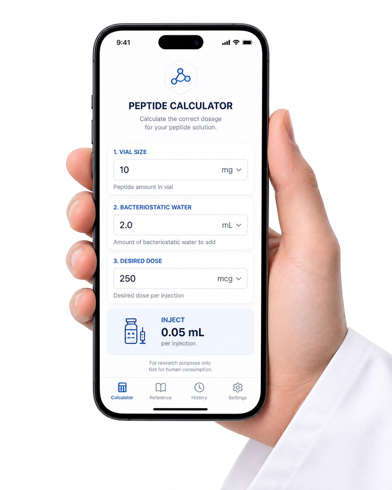 Smartphone screen displaying the high-tech Peptide Calculator interface