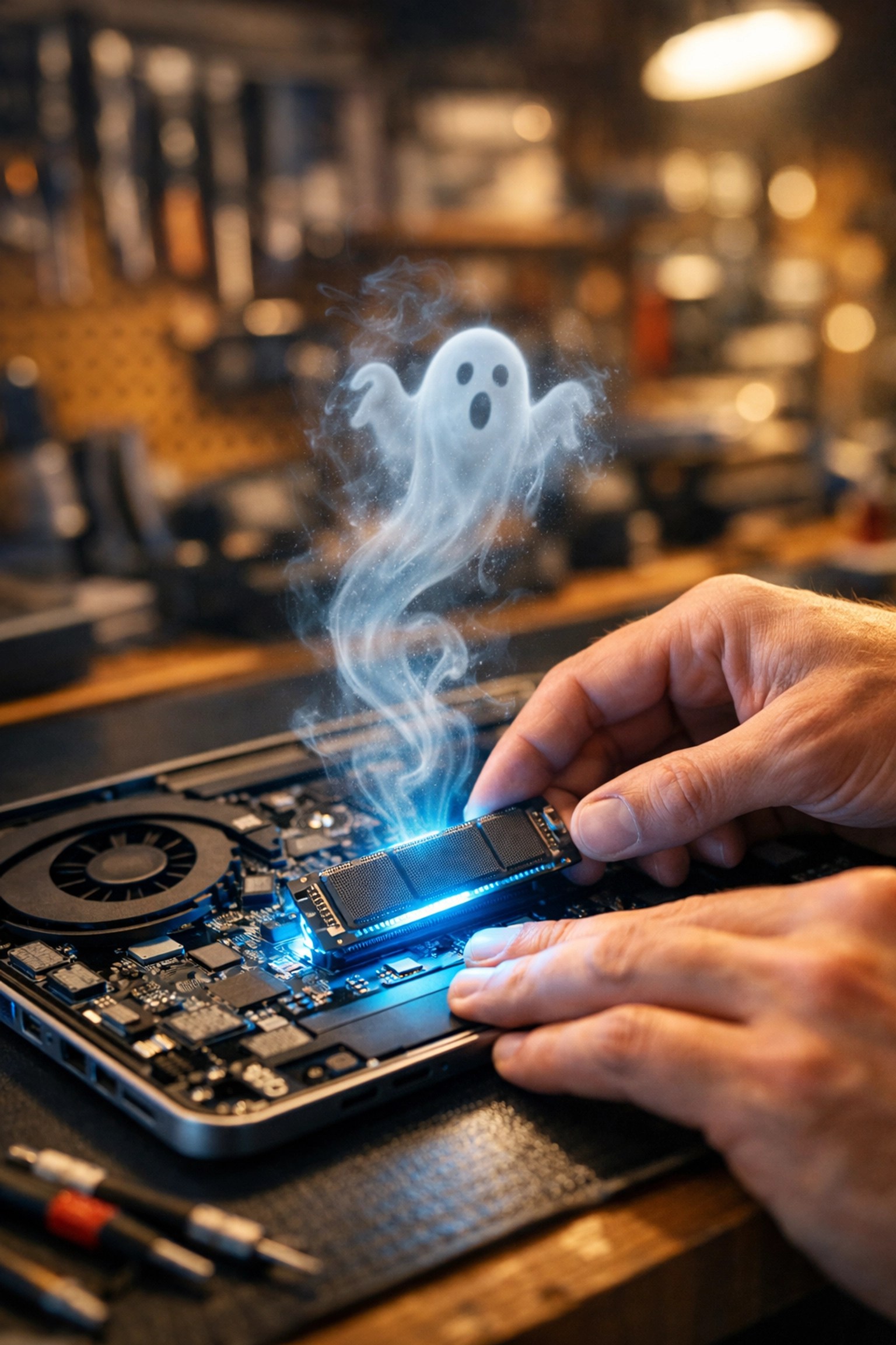 Technician performing computer repair services and SSD upgrade to fix a slow laptop in Lethbridge.