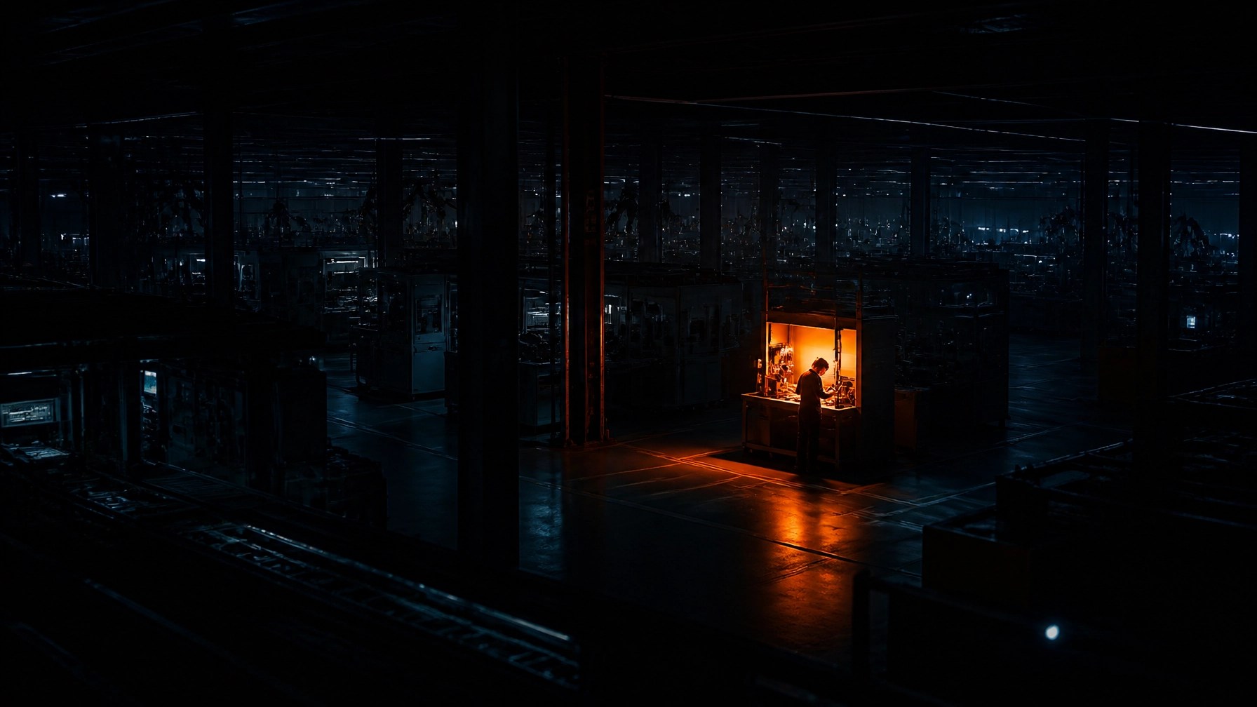 A vast, sterile futuristic factory floor at night, one lone station glowing intensely