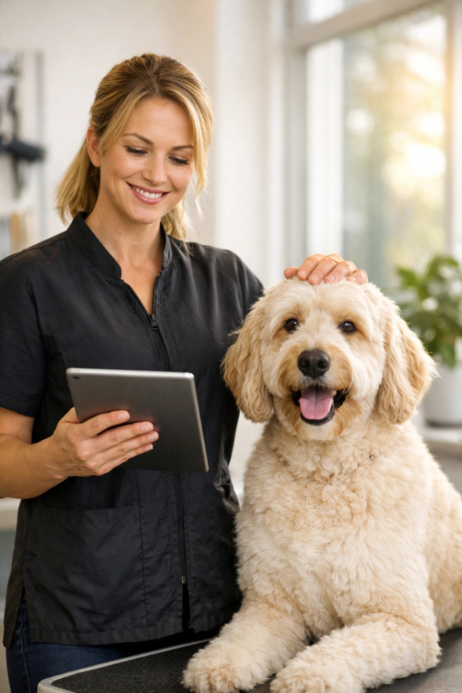 Professional pet groomer using a tablet while petting a happy Labradoodle in a bright, modern grooming salon.