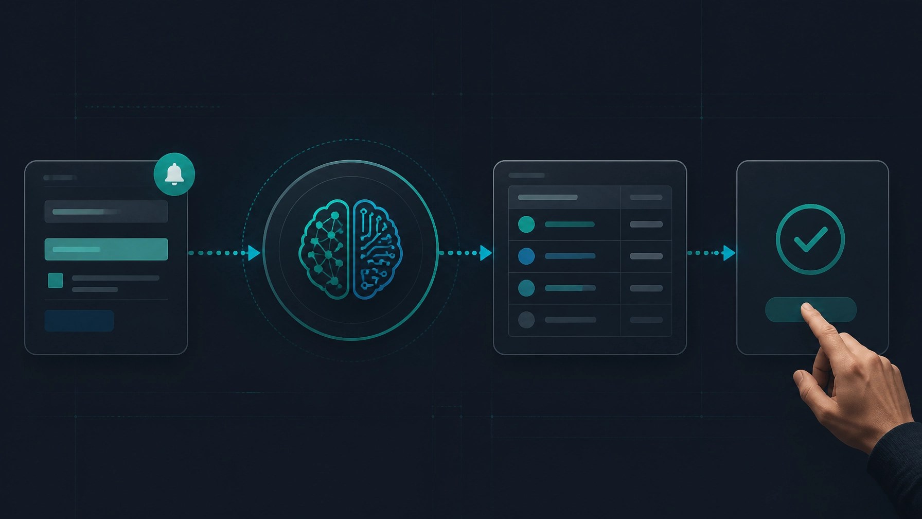 A technical diagram showing a form trigger, AI processing node, business system and human approval checkpoint