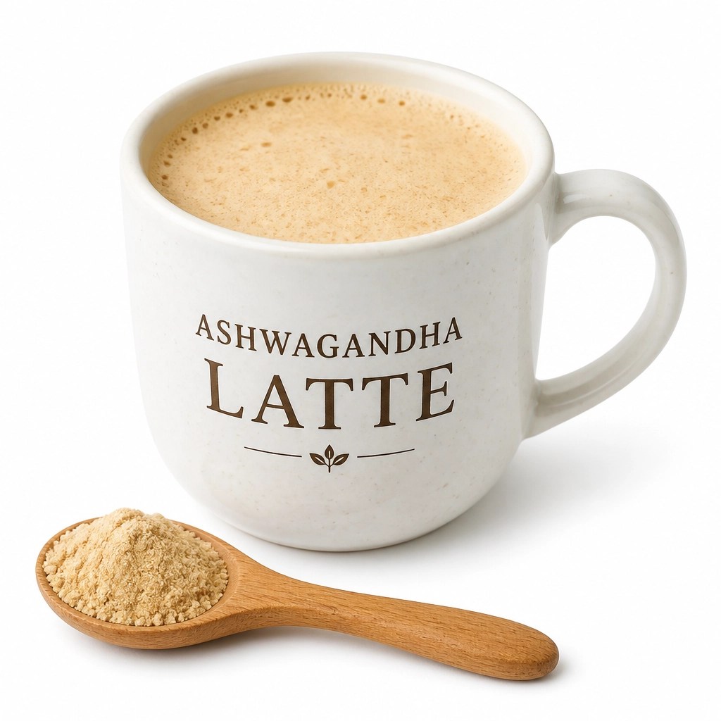 Taza de Ashwagandha Latte espumoso sobre fondo blanco