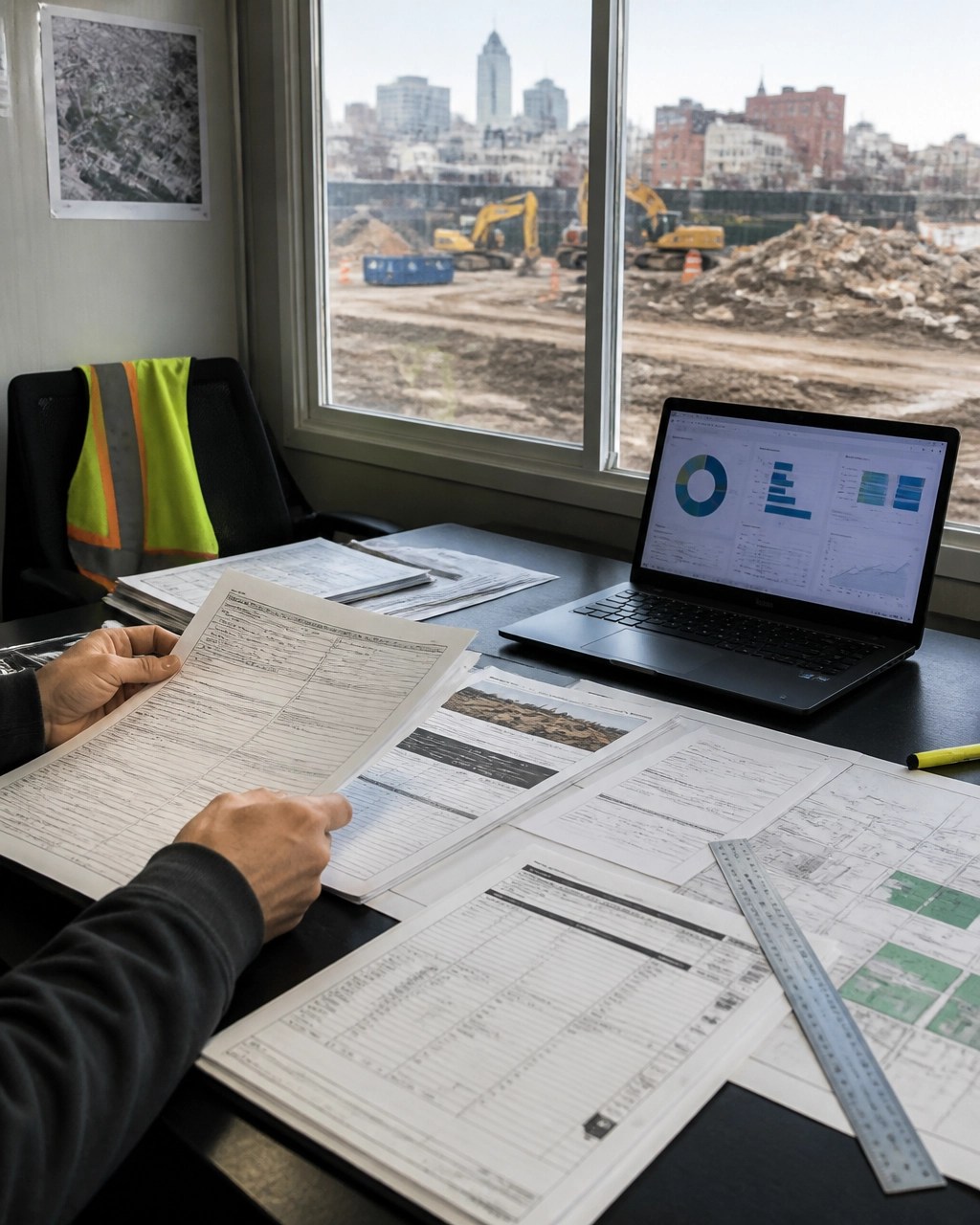 Brownfield grant documentation with invoices, soil manifests, laboratory records, and a site plan