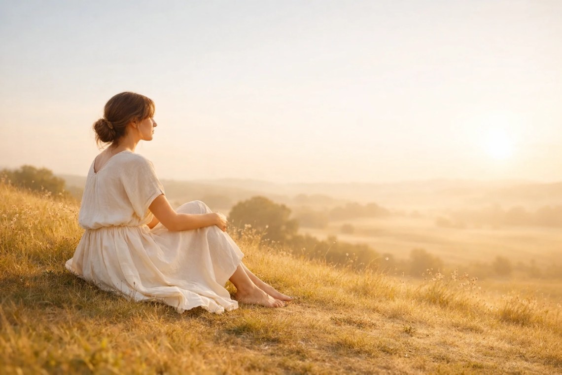 Peaceful woman sitting barefoot in a field at golden hour, symbolizing being rooted and grounded in God's love.
