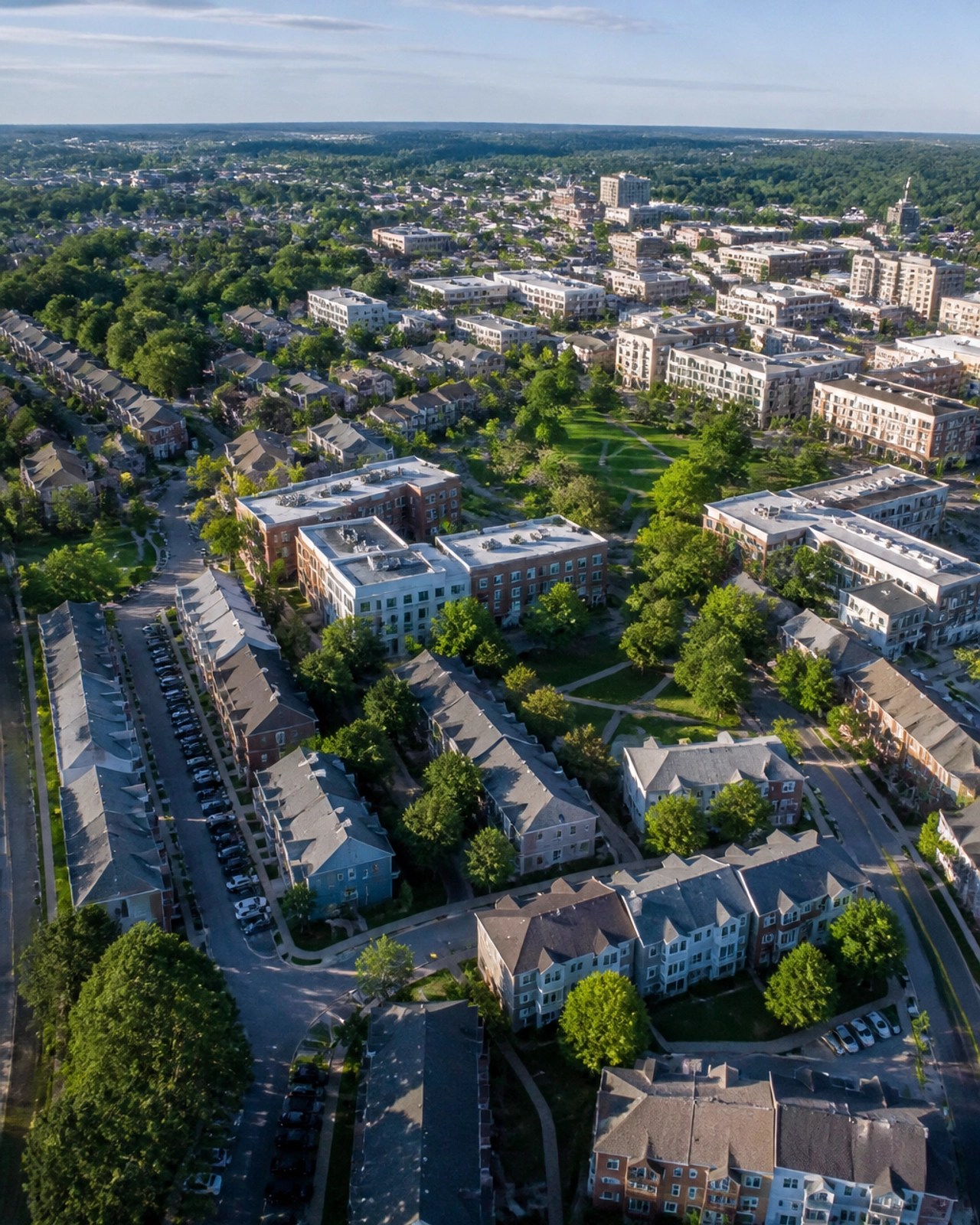 A scenic aerial view of a vibrant residential neighborhood in Towson, Maryland