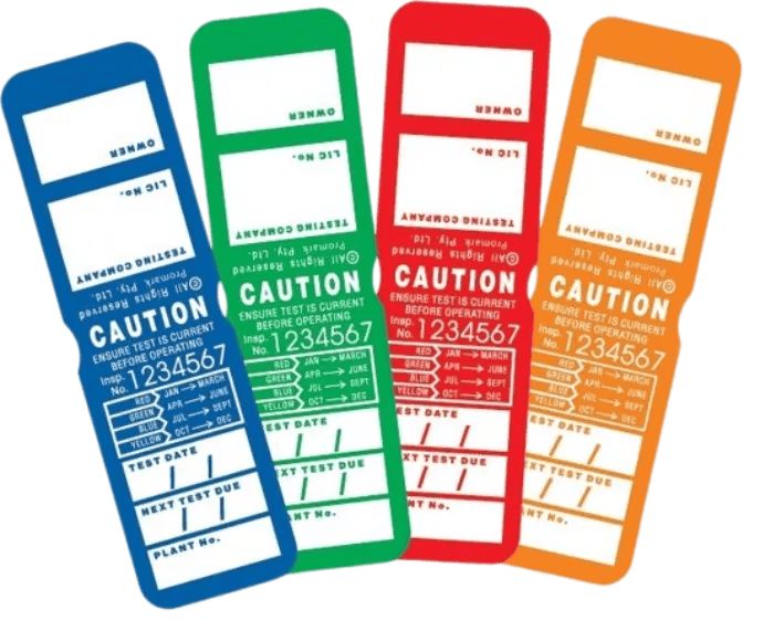 Coloured electrical test and tag labels for equipment compliance