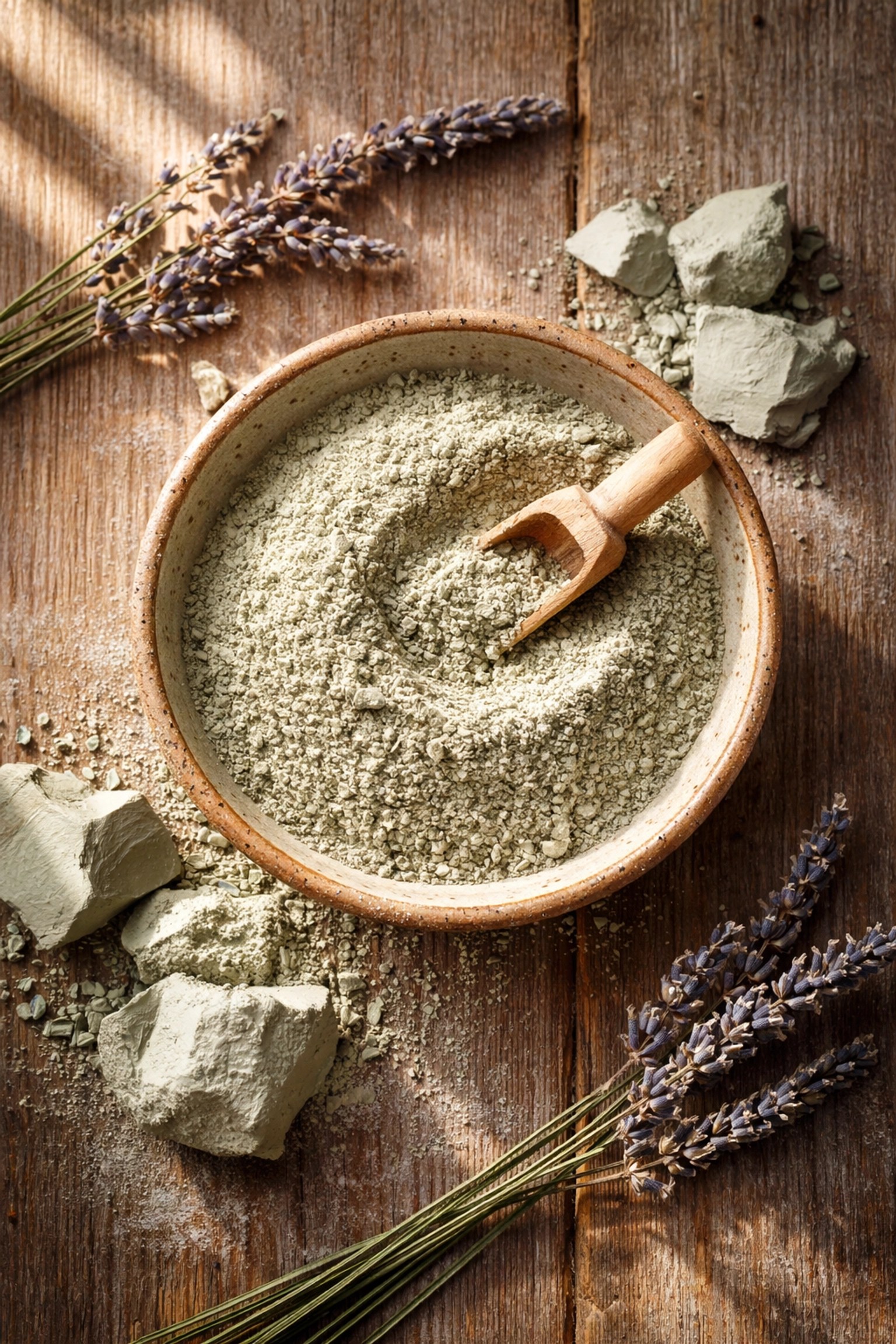 Premium French green clay powder in a ceramic bowl with raw clay chunks and lavender