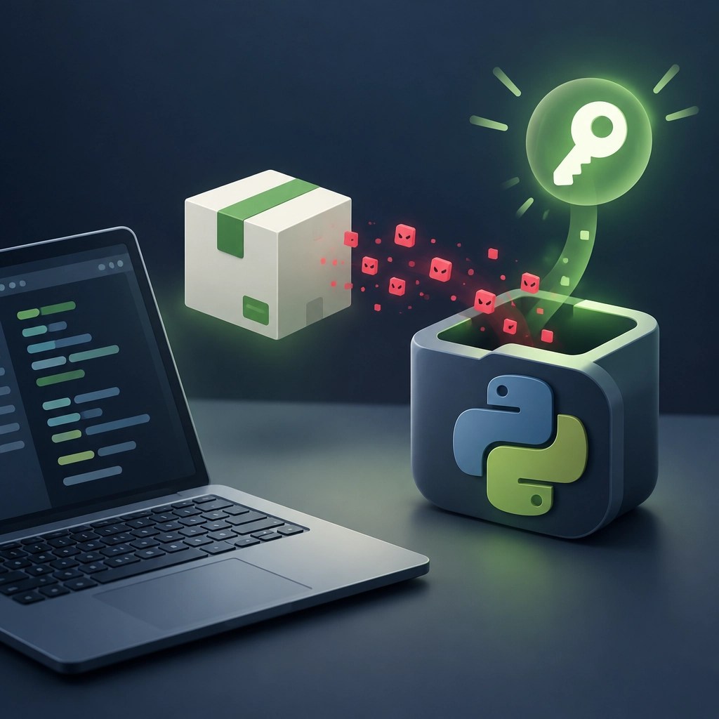 A laptop and software package illustration showing a trusted-looking package activating a subtle cybersecurity threat