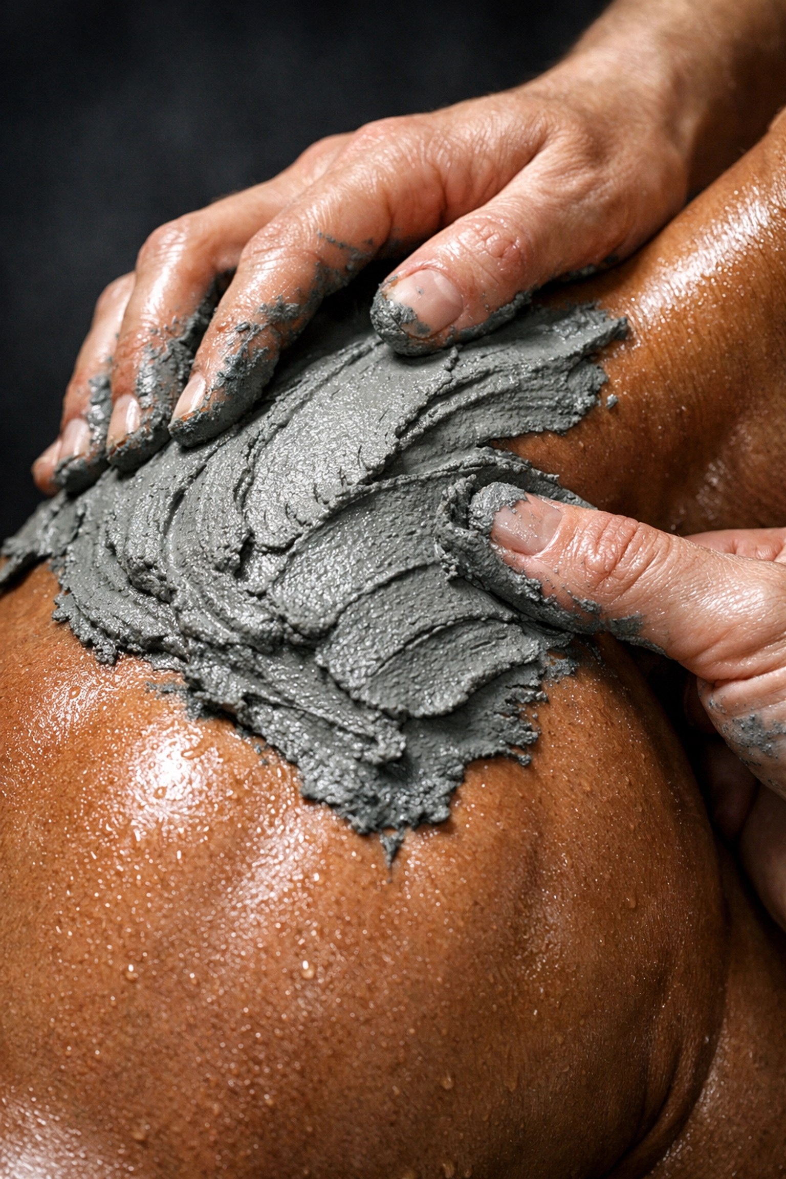 Therapist applying professional mineral recovery clay to an athlete's shoulder to reduce inflammation.