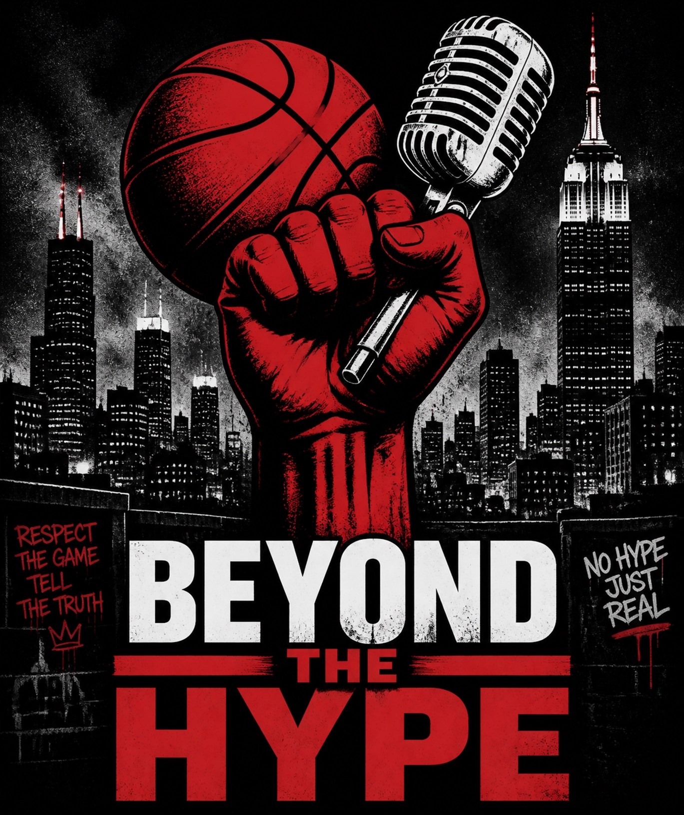 Red fist holding a basketball and microphone over a city representing community economic power.