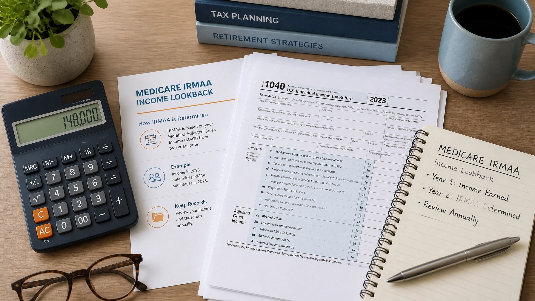Financial calculator and paperwork representing Medicare IRMAA income lookback