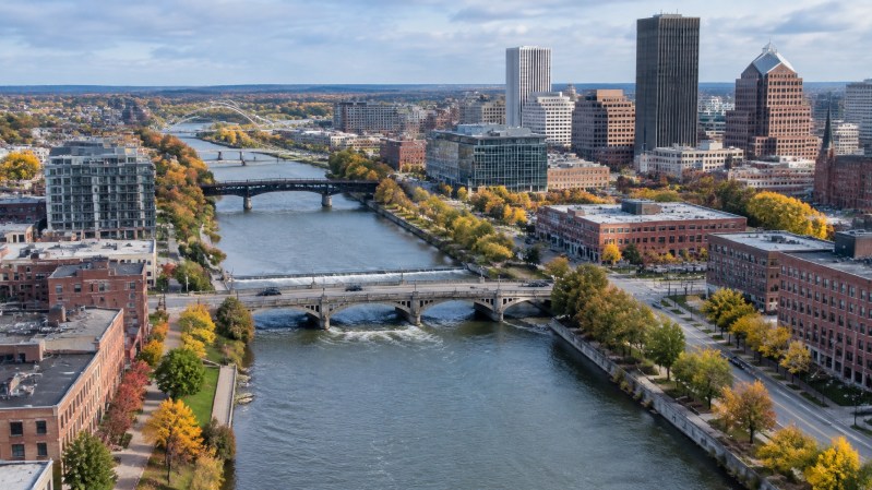 Elevated view along the Genesee River through downtown Rochester in autumn