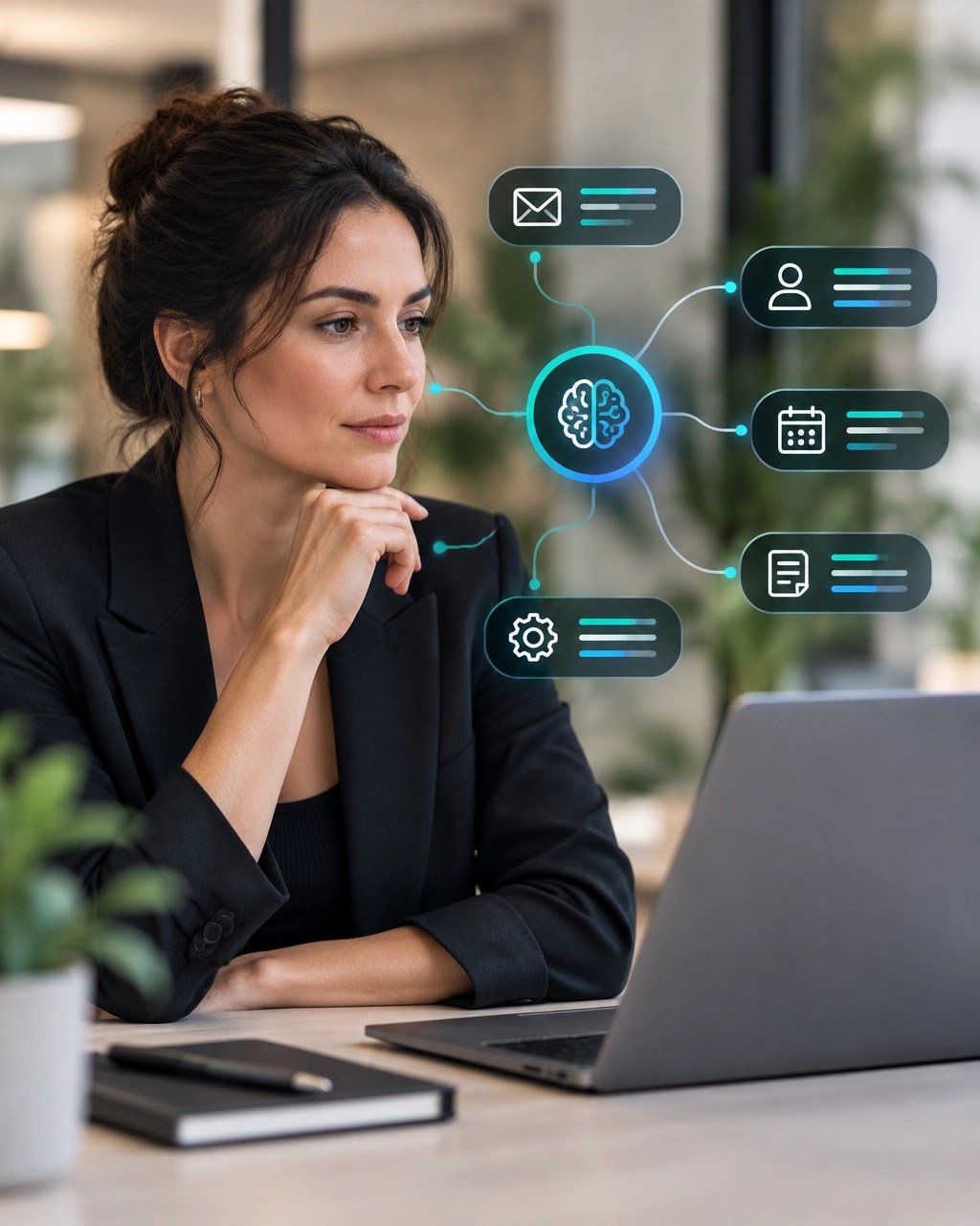 Operations professional reviewing an AI workflow map for routine business tasks
