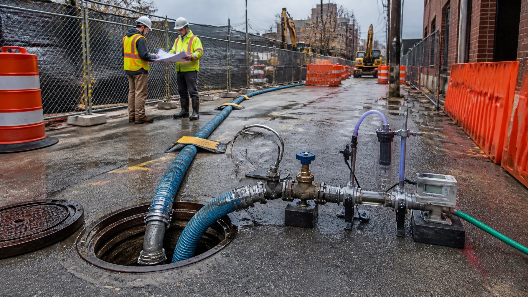 Dewatering discharge connection and flow monitoring near a protected sanitary sewer and urban utility corridor