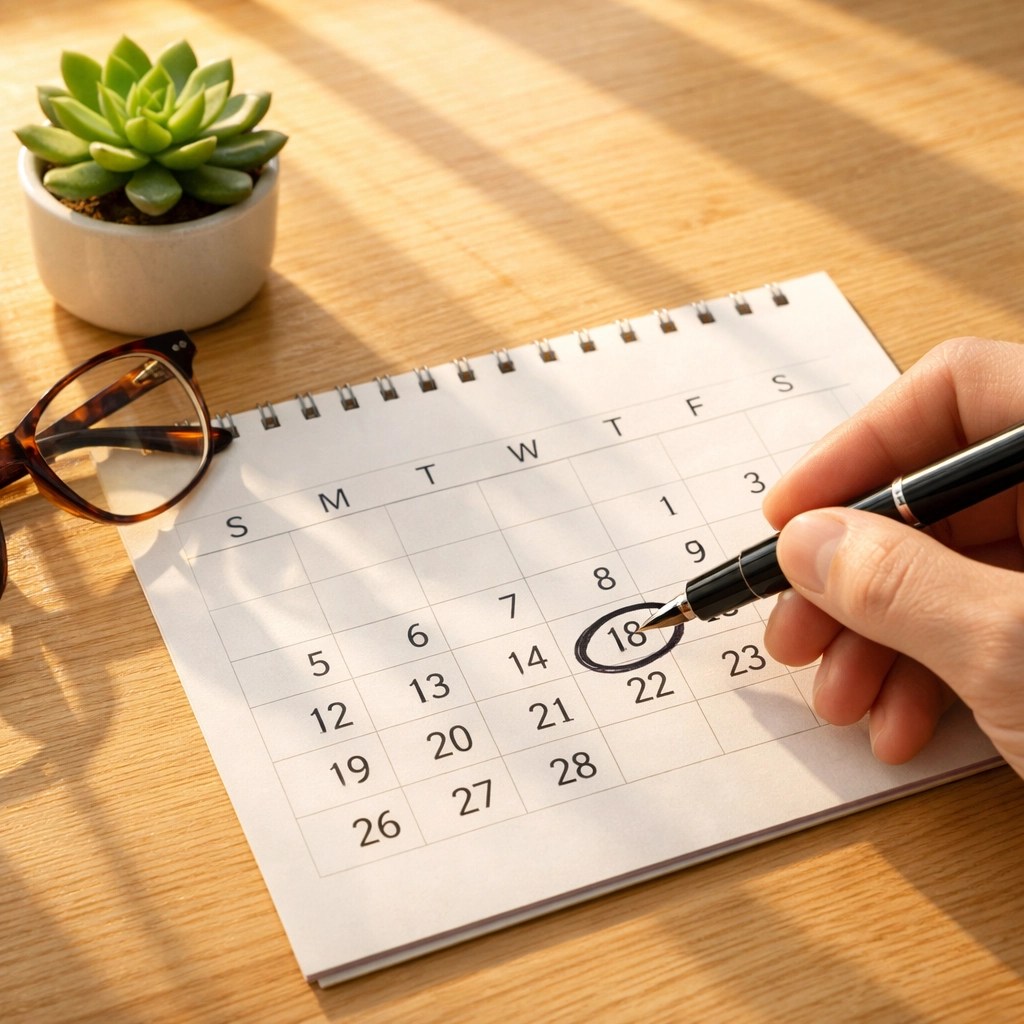 Person circling a date on a desk calendar to plan for their Medicare initial enrollment period.