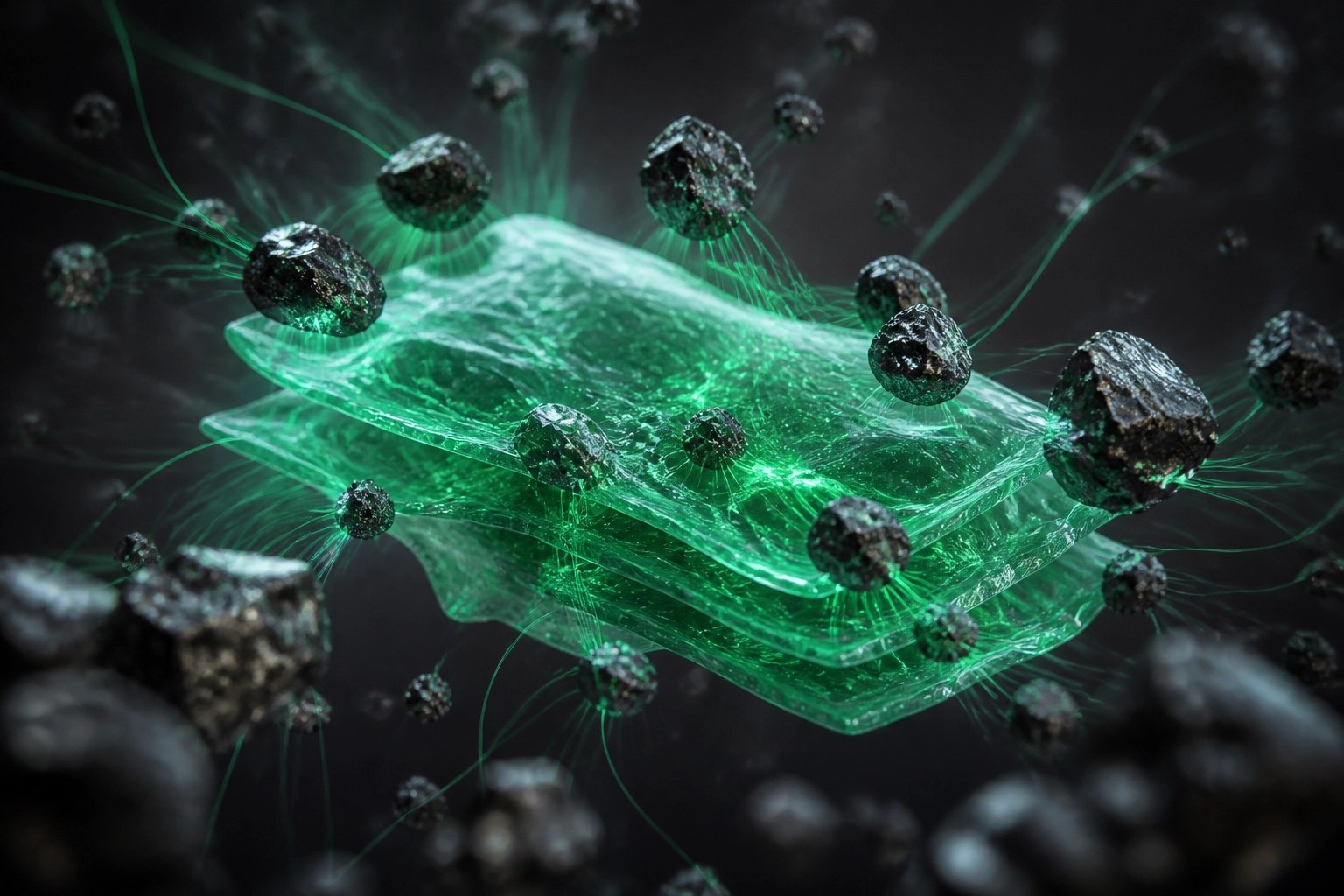 Microscopic visualization of French green clay minerals attracting metabolic waste particles.