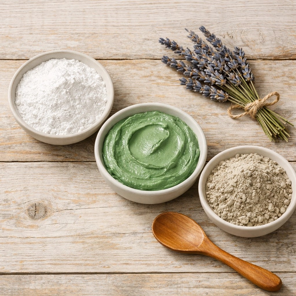 Comparison of Bentonite, Kaolin, and mineral-rich French Green Clay in bowls for masks.