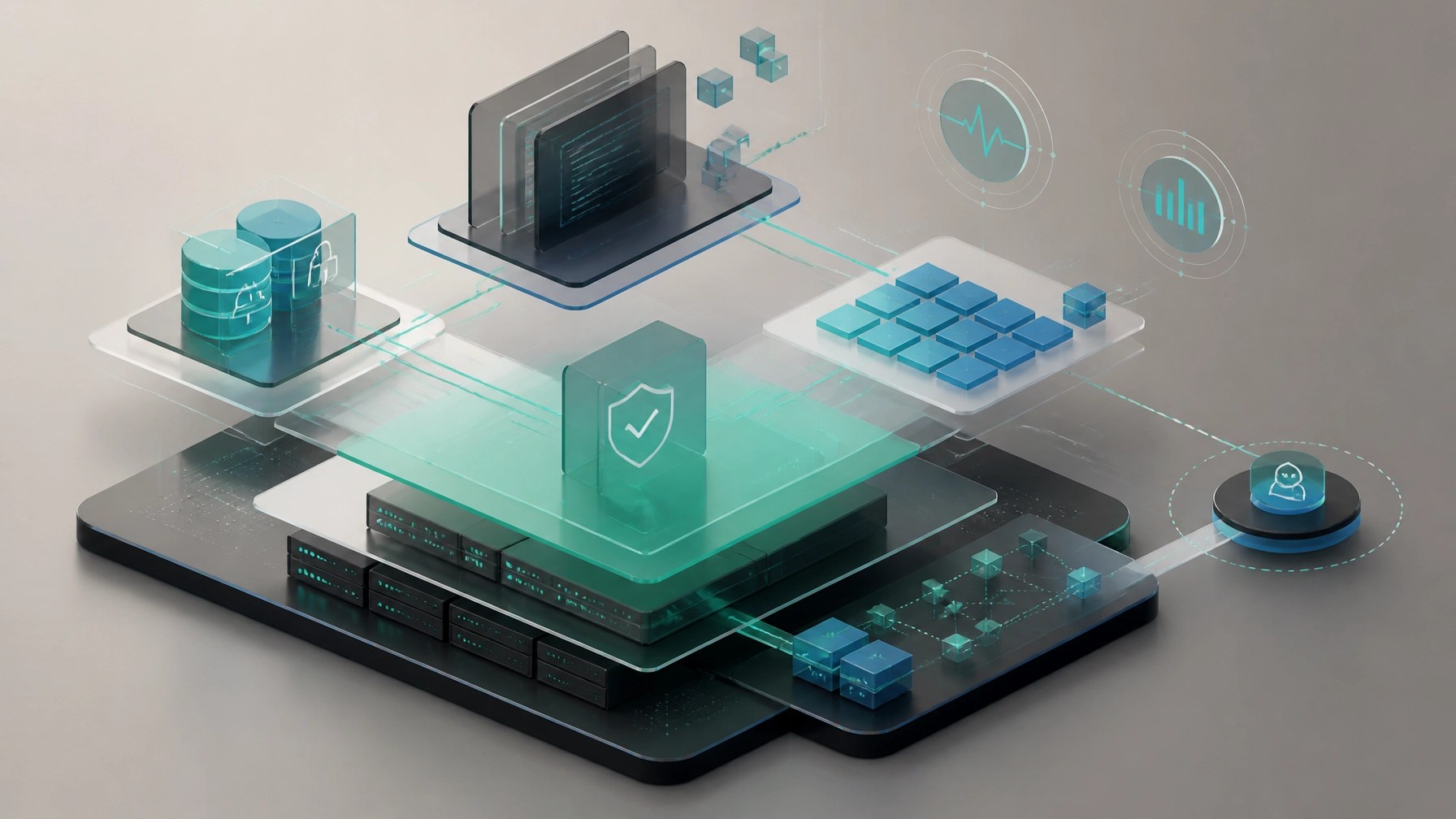 Layered secure architecture showing hosting, backups, permissions, staging and monitoring controls for AI agents