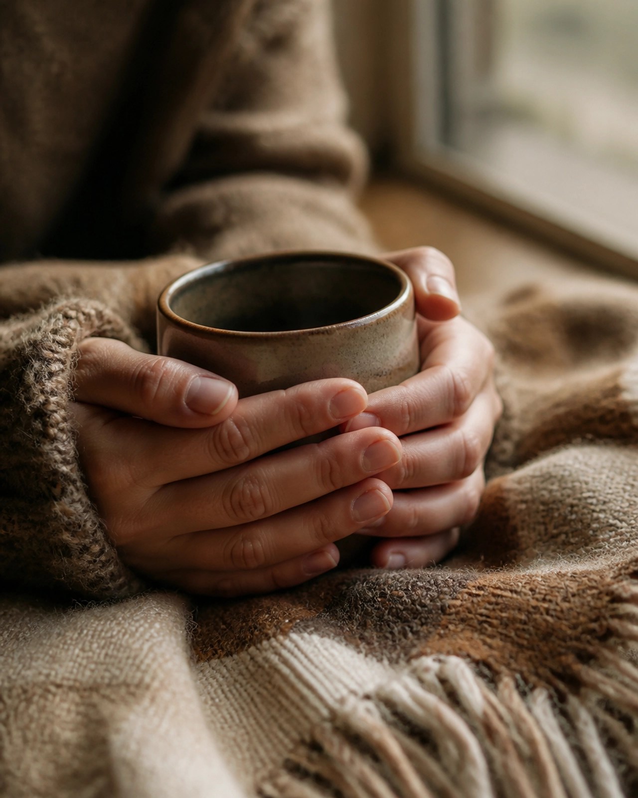 A close-up of hands wrapped around a ceramic mug, resting on a textured woolen blanket.