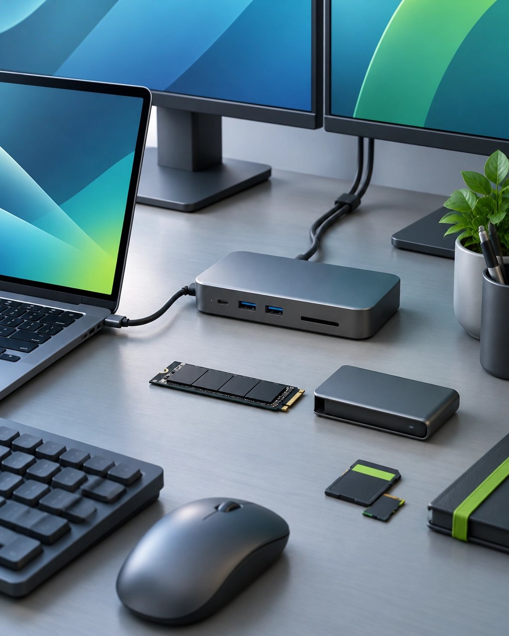 A tidy desktop setup with internal storage and desk connectivity upgrades