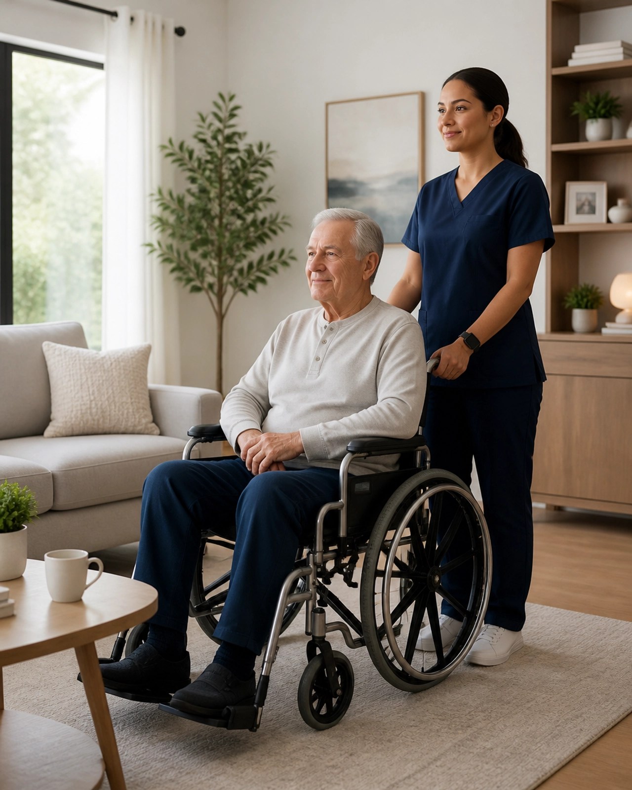 A senior person and caregiver waiting calmly in a bright, modern living room.