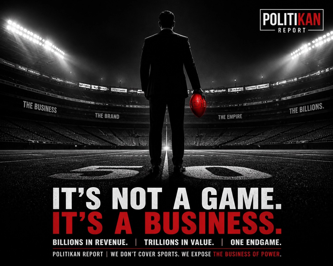 Shadowy figure in a suit holding a red football in a dark NFL stadium, representing the business side of sports.