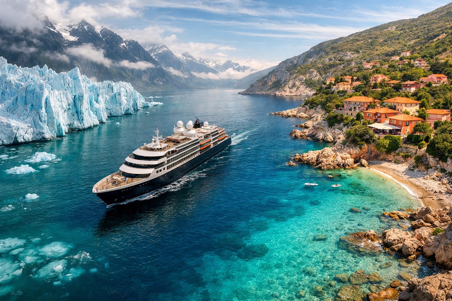 Luxury expedition ship showcasing 2026 Mediterranean cruises and Alaska cruises destinations.