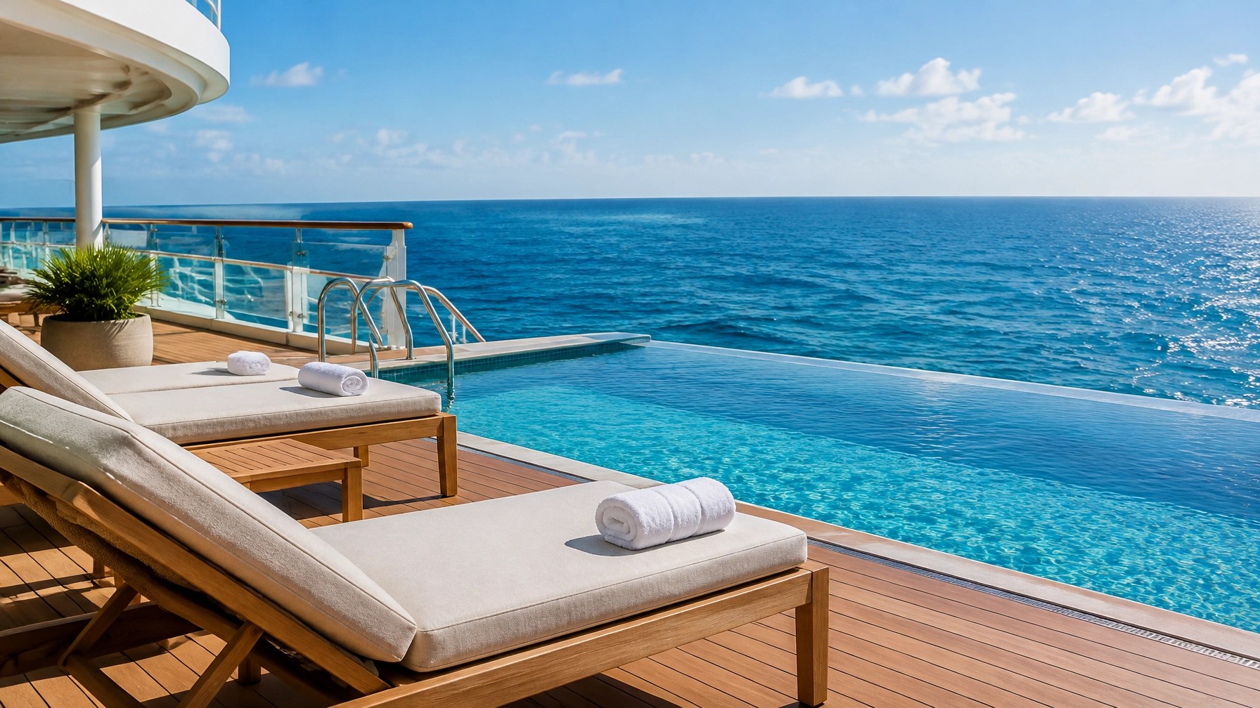 Quiet adults-only cruise deck with loungers, a small pool, and open ocean views