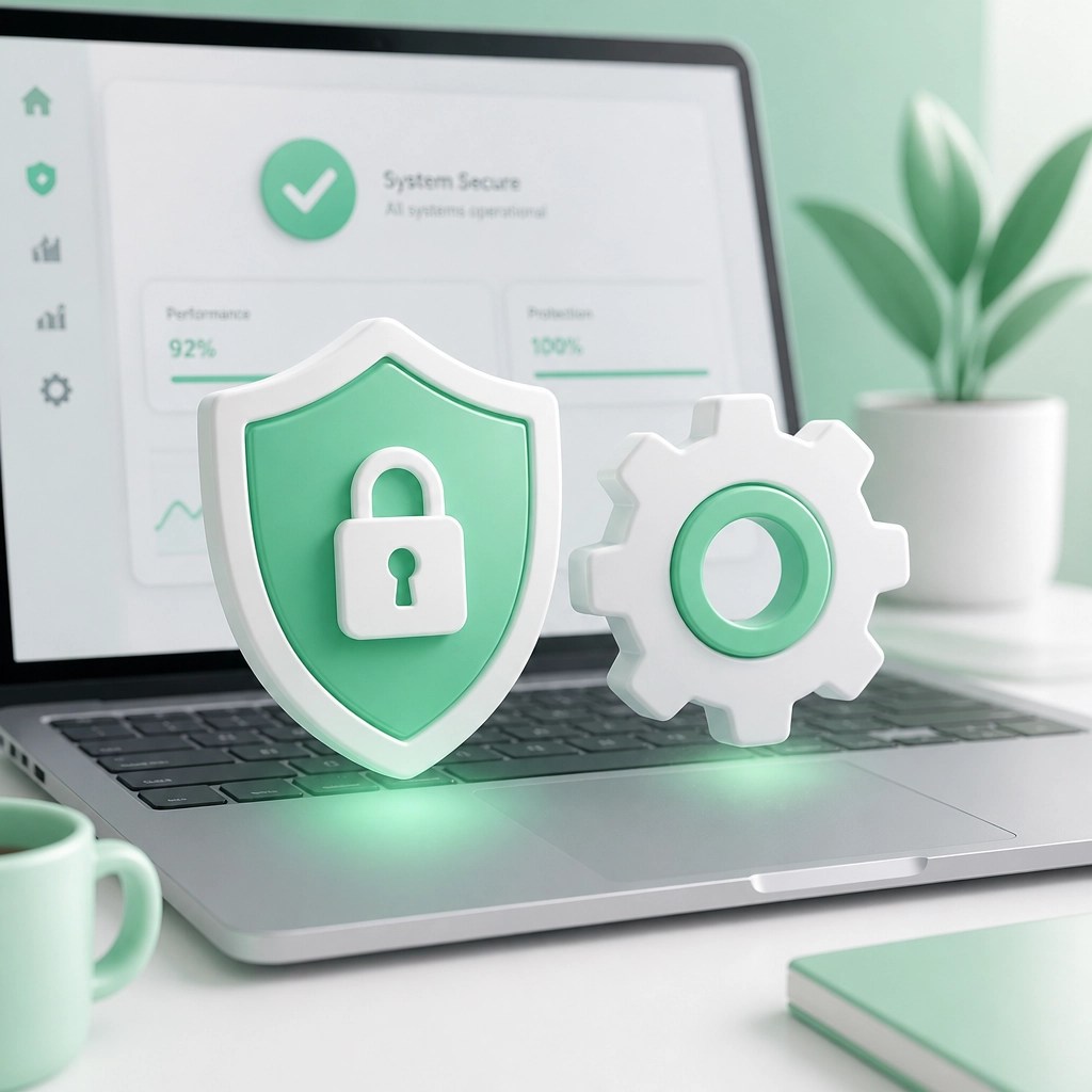 Shield and gear icons over a laptop representing security and optimization