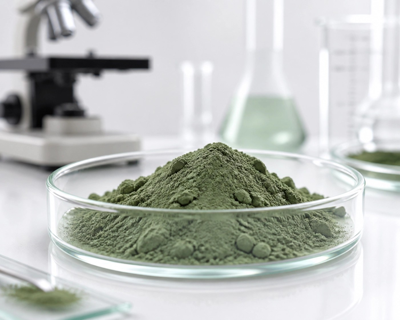 Laboratory testing of a green clay sample in a petri dish for mineral purity and safety certification.