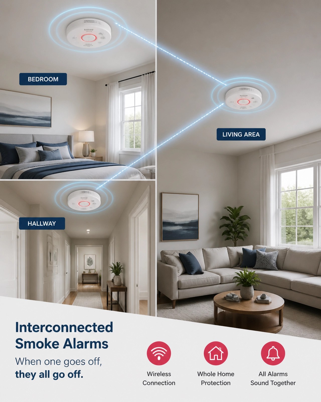 Conceptual visual of interconnected smoke alarms in a residential layout