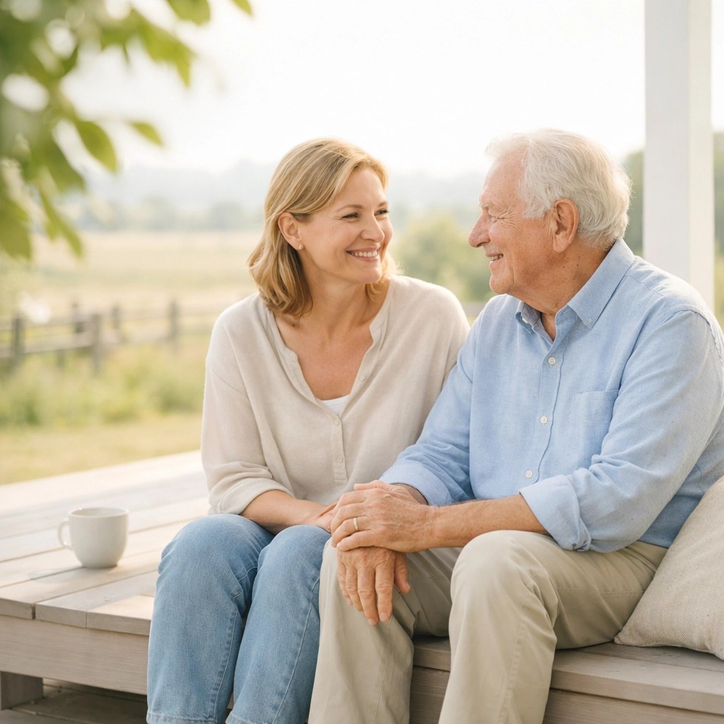 A caregiver and elderly patient enjoying peace of mind on a rural porch thanks to reliable transport.