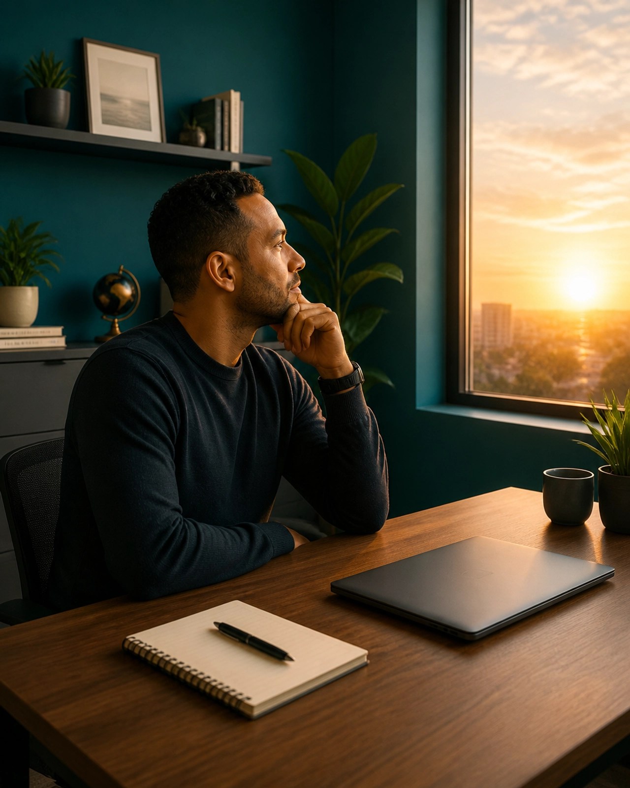 A man in his 30s sitting at a clean desk looking out a window at a sunrise, representing a return to education