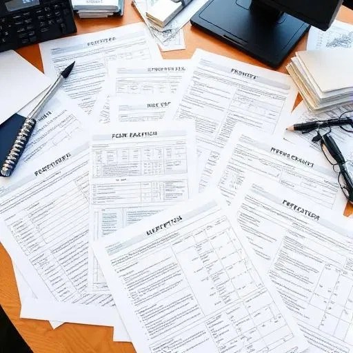 Desk covered with multiple lender-ready Environmental Site Assessment (ESA) forms and reports.