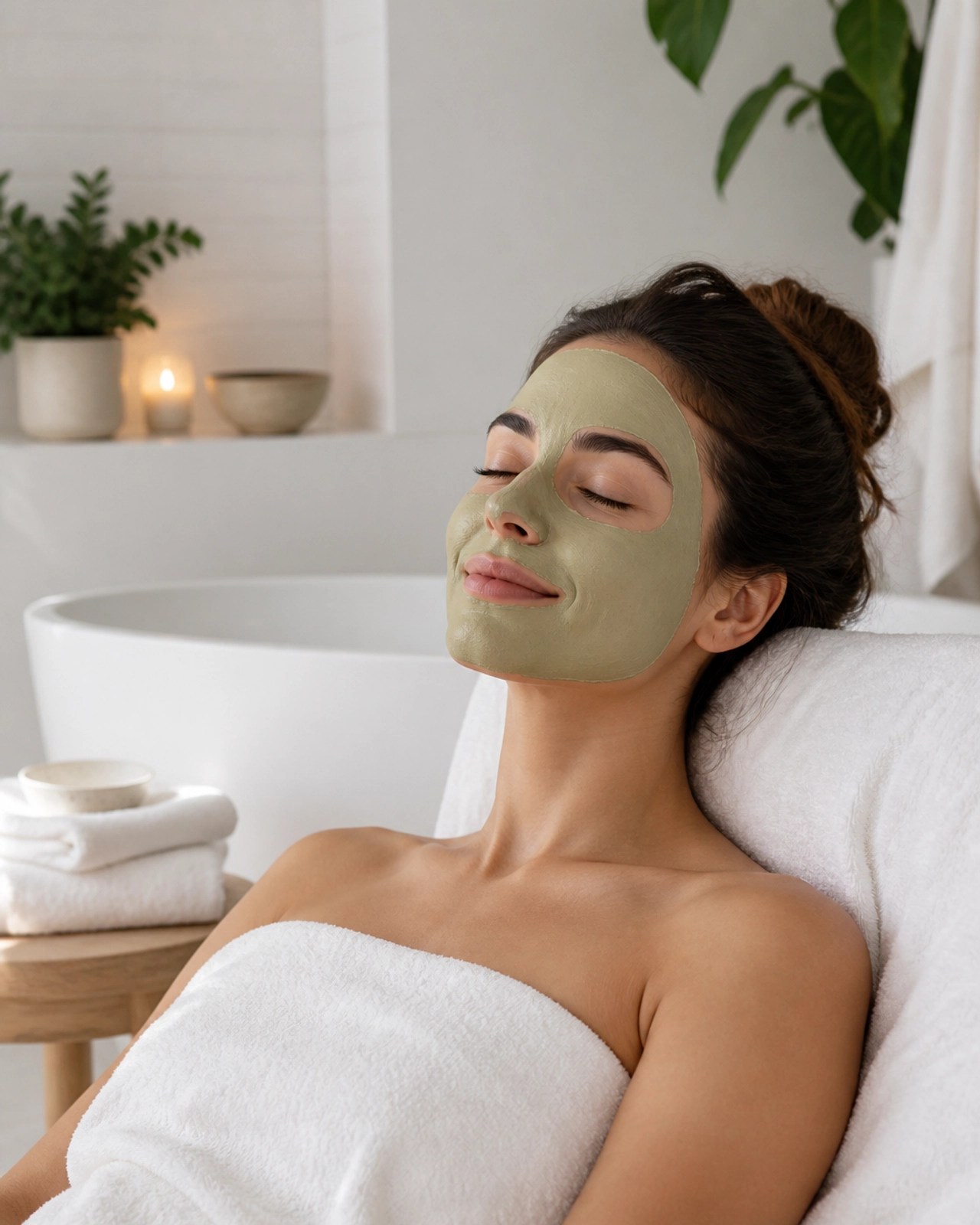 A person relaxing in a bright, minimalist bathroom wearing a green clay face mask for a detox treatment.