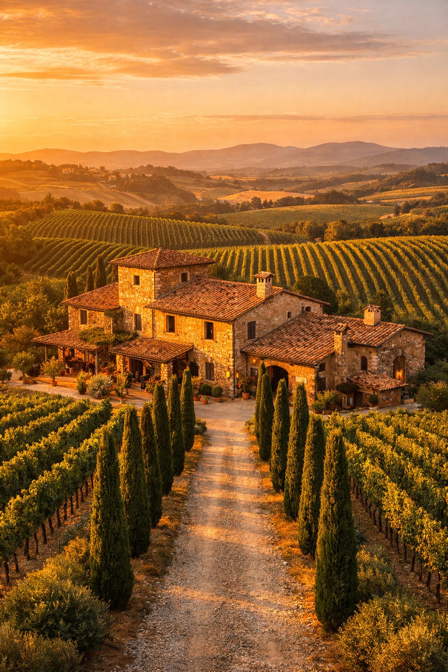 Luxury Tuscan wine villa surrounded by vineyard rows at sunset