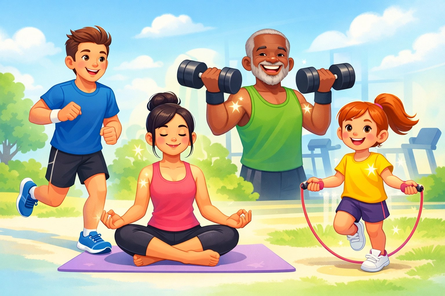 A cheerful cartoon illustration of a diverse group of happy people (different ages, genders, and ethnicities) in active lifestyle settings - one person jogging, another doing yoga, someone at the gym - all with confident, glowing expressions and small sparkle effects around their underarms suggesting freshness. Use bright, clean colors with soft gradients, rounded character designs in an almost-realistic cartoon style. Background should be light and airy with pastel blues and greens, creating an energetic and positive mood.