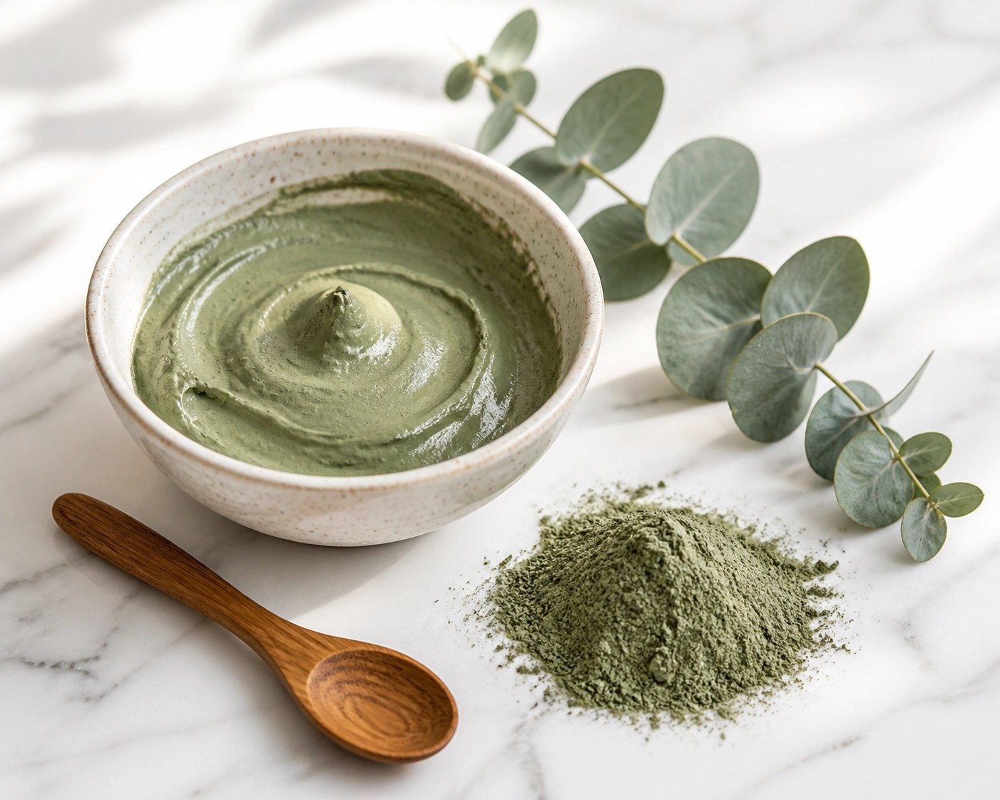 Luxury wellness setup with prepared Clayer green clay paste for a home detox ritual.