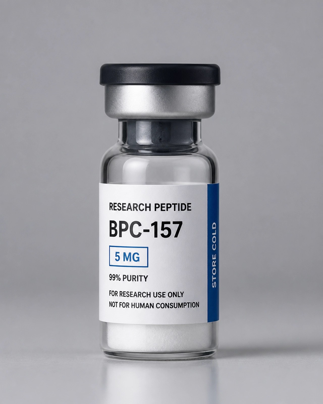 A high-clarity research peptide vial on a neutral background