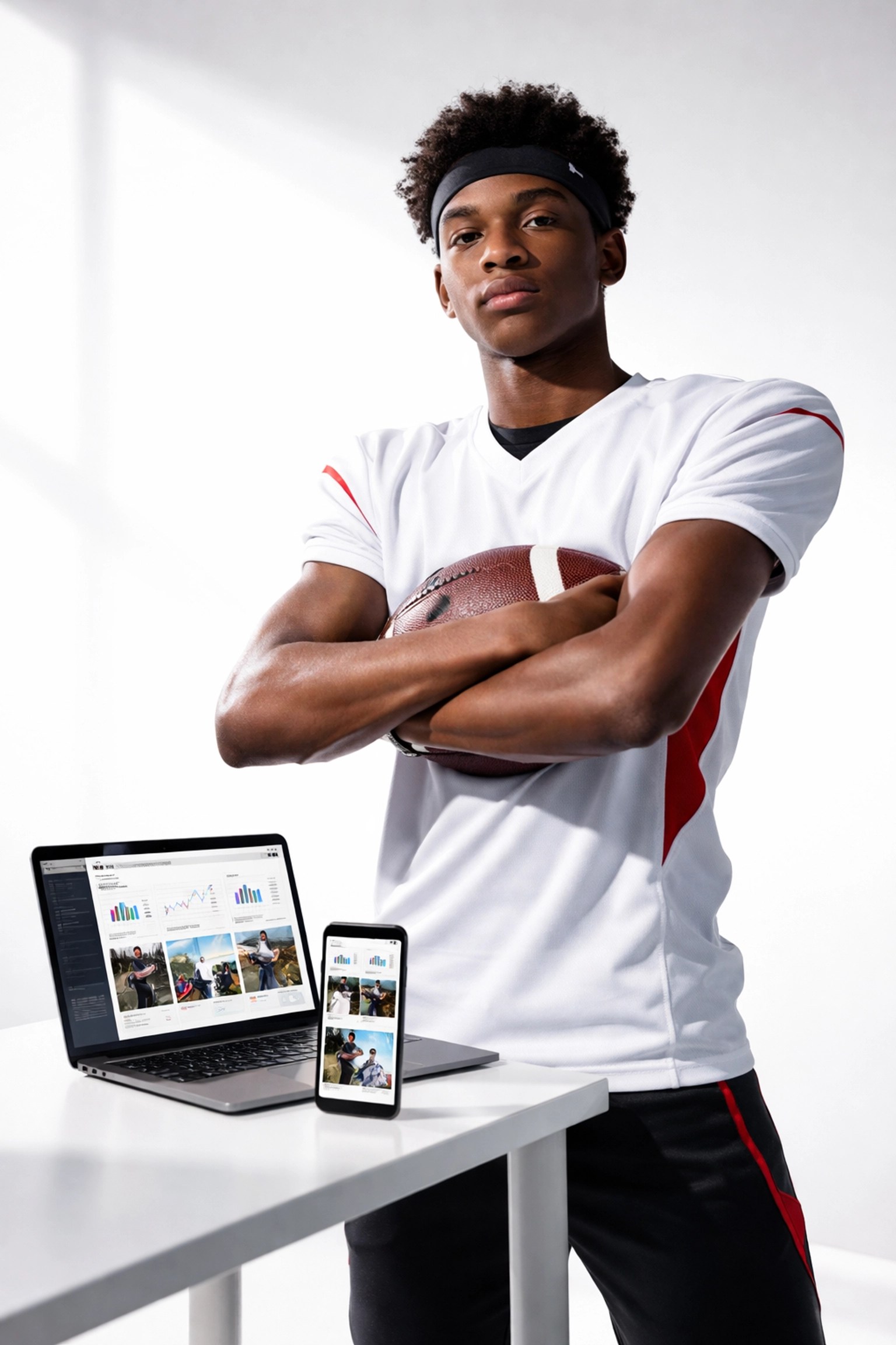 Determined Atlanta high school football player with football, phone, and laptop symbolizing college recruiting marketing.