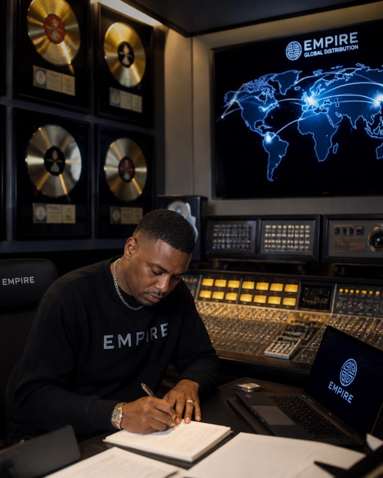 A modern music executive studio environment representing EMPIRE's tech and global reach
