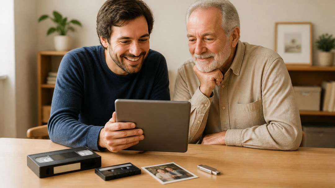 Family member and older man listening to a familiar recording on a tablet with preserved media nearby